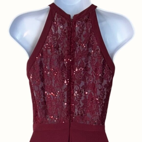 Nightway Wine Red Lace Halter Sleeveless Slit Full Length Cocktail Prom Gown 2 - Picture 5 of 8